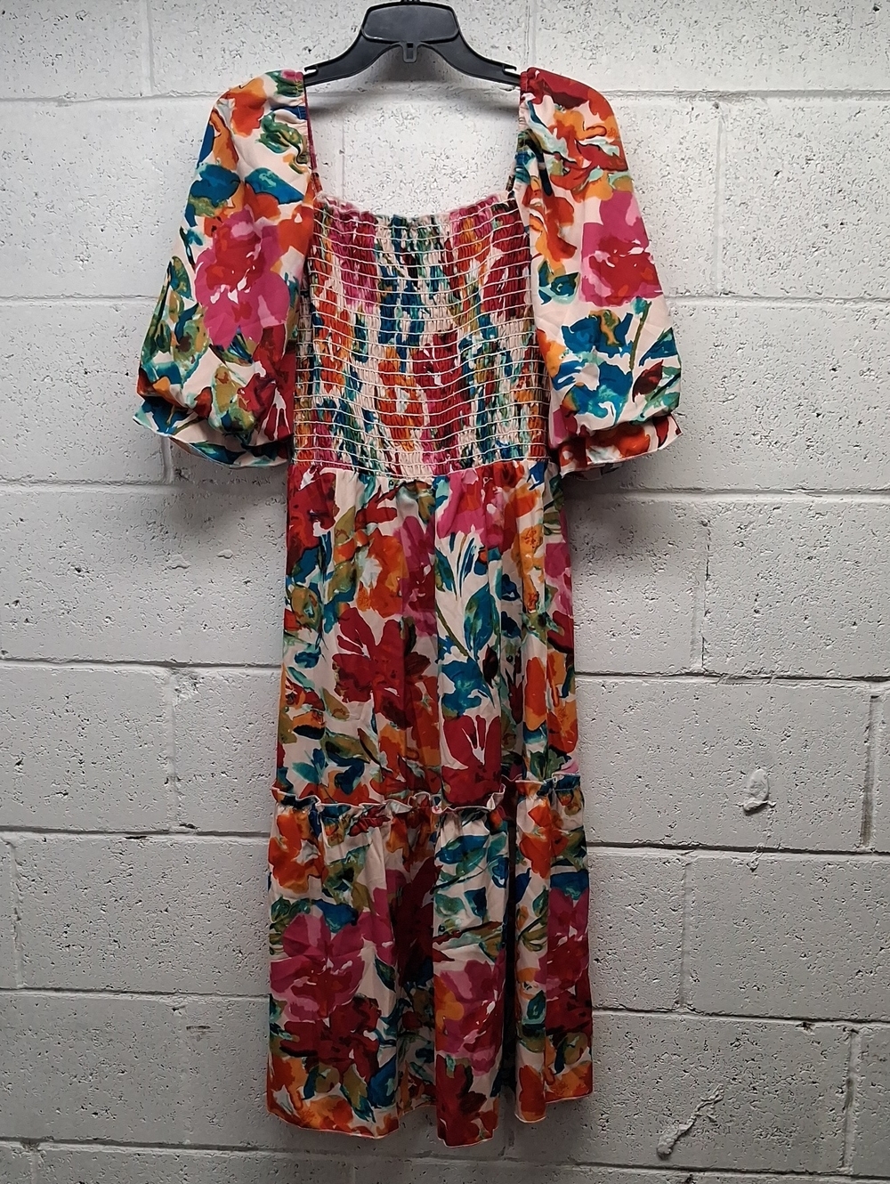 NWT Womens Floral Smocked Puff-Sleeve Midi Dress - Multicolor